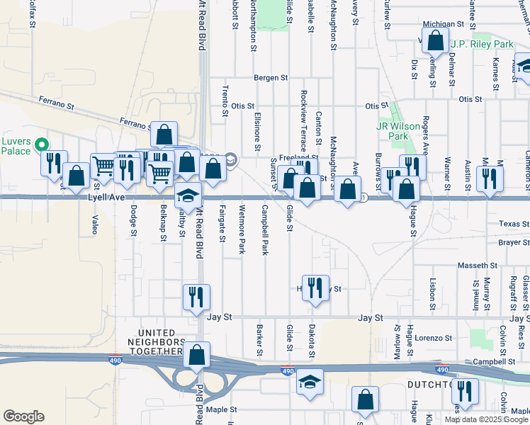map of restaurants, bars, coffee shops, grocery stores, and more near 214 Campbell Park in Rochester