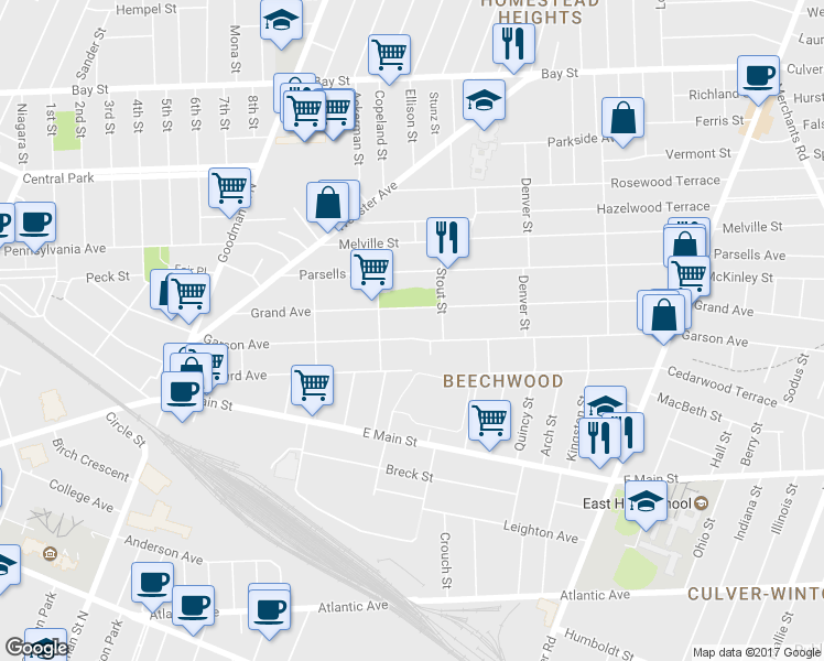map of restaurants, bars, coffee shops, grocery stores, and more near 486 Garson Avenue in Rochester