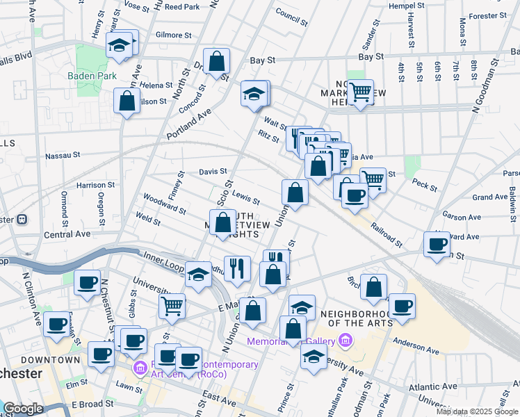 map of restaurants, bars, coffee shops, grocery stores, and more near 169 Lewis Street in Rochester