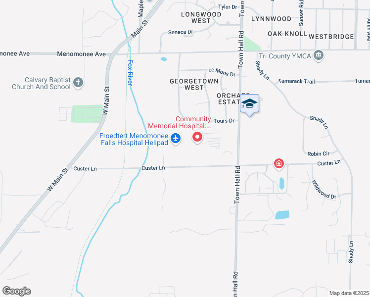 map of restaurants, bars, coffee shops, grocery stores, and more near W180N8085 Town Hall Road in Menomonee Falls
