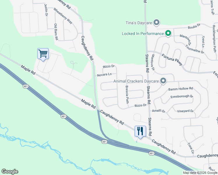 map of restaurants, bars, coffee shops, grocery stores, and more near 5226 Potenza Drive in Clay