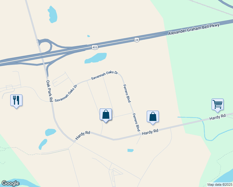 map of restaurants, bars, coffee shops, grocery stores, and more near 99 Savannah Oaks Drive in Brantford