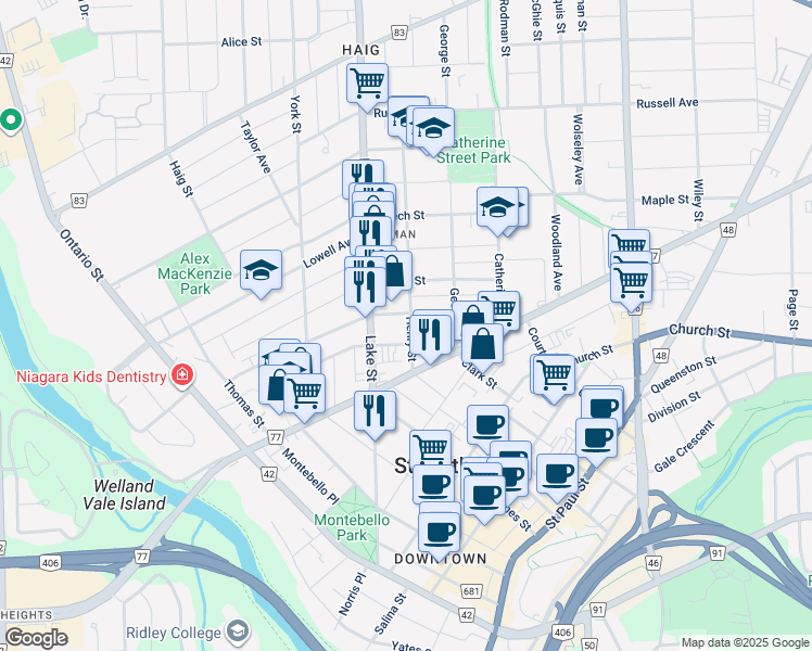 map of restaurants, bars, coffee shops, grocery stores, and more near 17 Henry Street in Saint Catharines