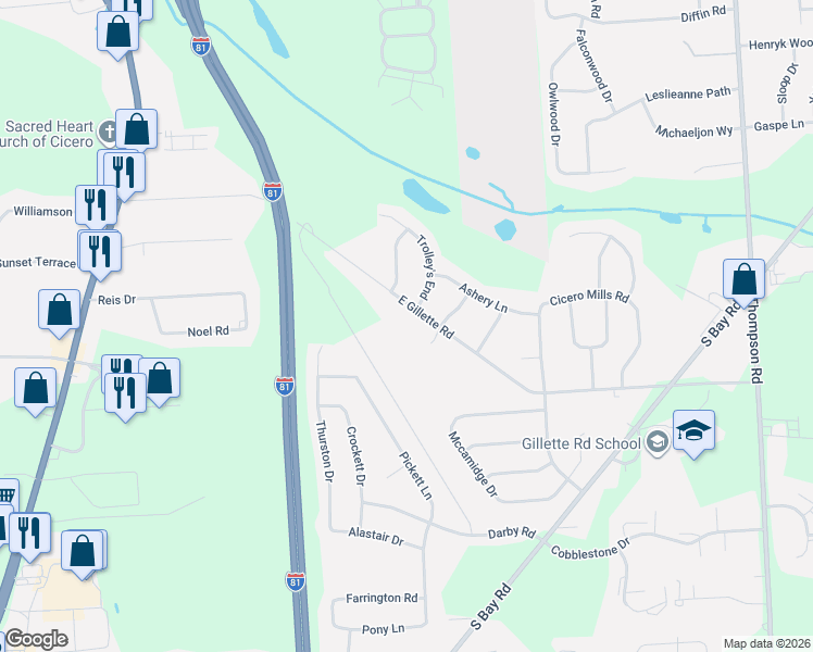map of restaurants, bars, coffee shops, grocery stores, and more near 6020 Gillette Road in Cicero