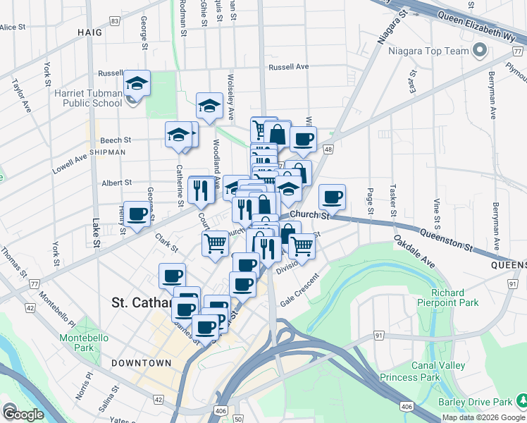 map of restaurants, bars, coffee shops, grocery stores, and more near 75 Geneva Street in St. Catharines