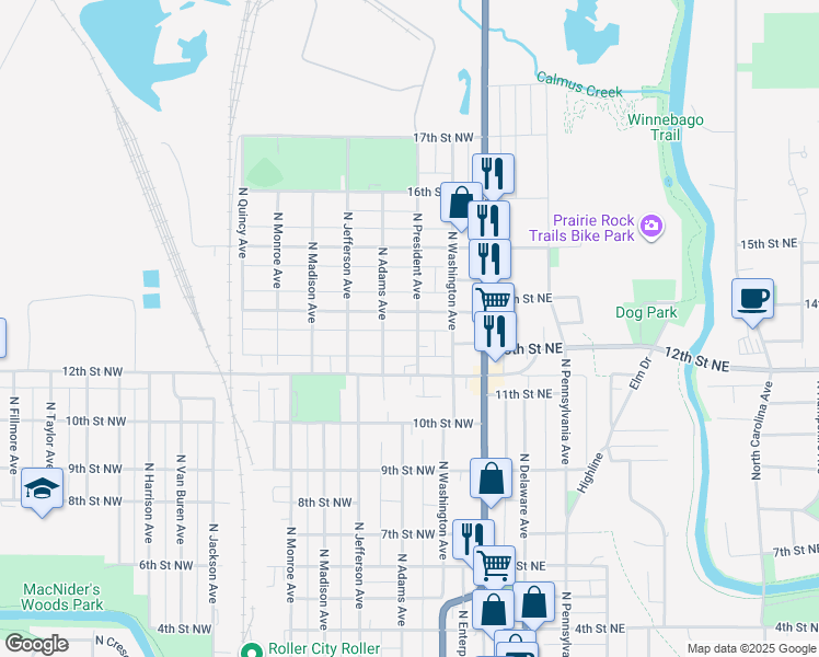 map of restaurants, bars, coffee shops, grocery stores, and more near 1312 North President Avenue in Mason City