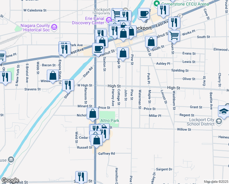 map of restaurants, bars, coffee shops, grocery stores, and more near 104 Harvey Avenue in Lockport
