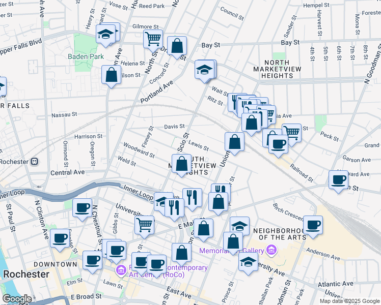map of restaurants, bars, coffee shops, grocery stores, and more near 100 Ontario Street in Rochester