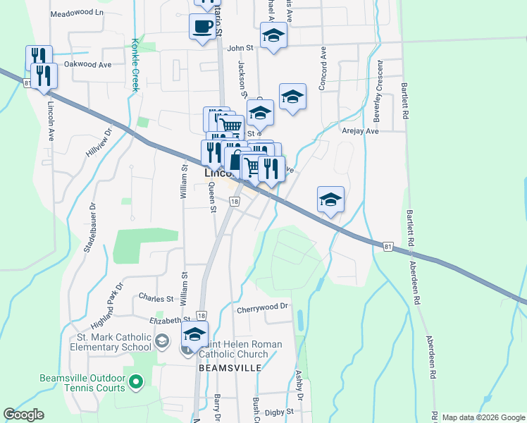 map of restaurants, bars, coffee shops, grocery stores, and more near Academy Street in Lincoln