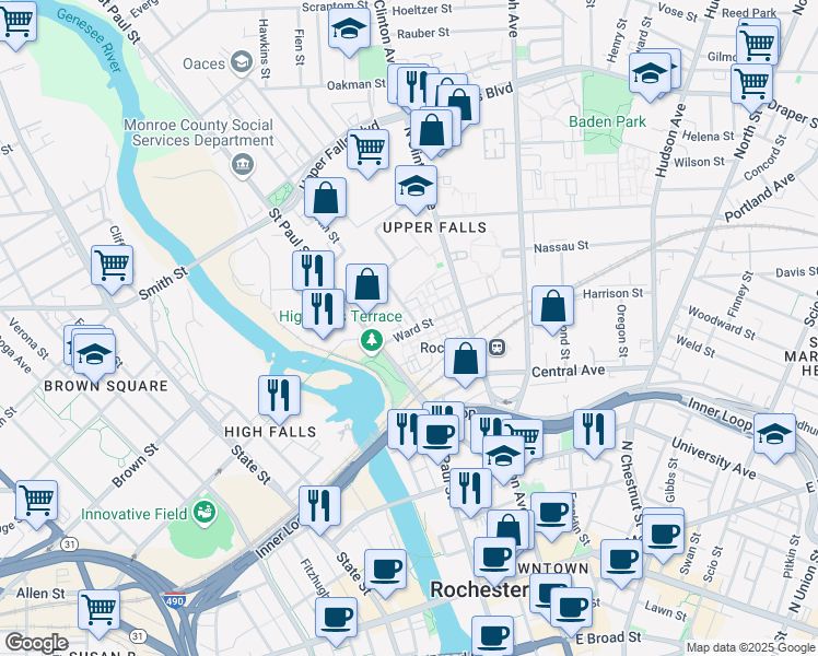 map of restaurants, bars, coffee shops, grocery stores, and more near 10 Ward Street in Rochester