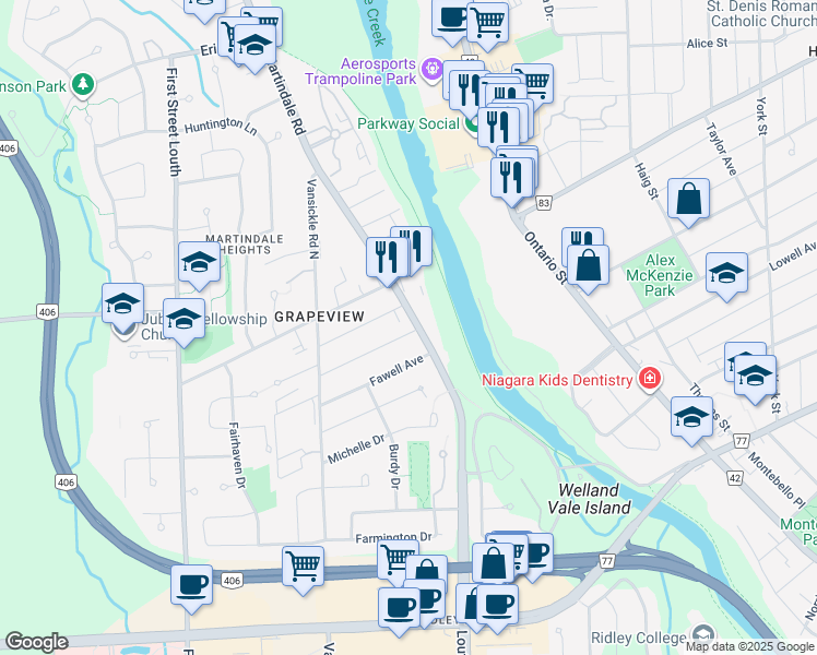 map of restaurants, bars, coffee shops, grocery stores, and more near 91 Martindale Road in St. Catharines