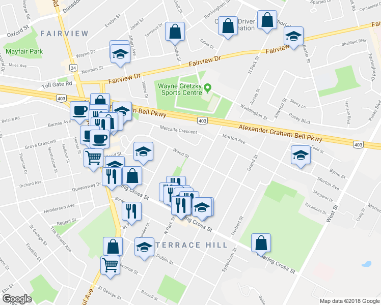map of restaurants, bars, coffee shops, grocery stores, and more near 69 Wood Street in Brantford