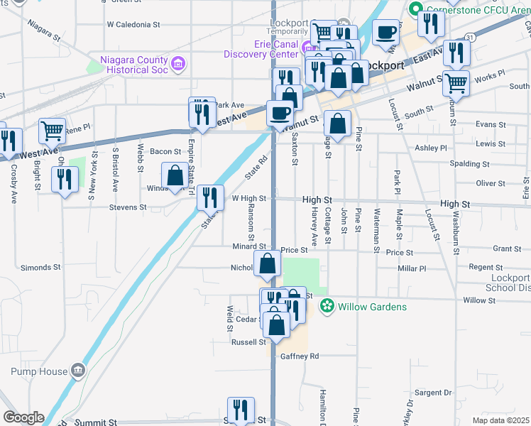 map of restaurants, bars, coffee shops, grocery stores, and more near 125 South Transit Street in Lockport