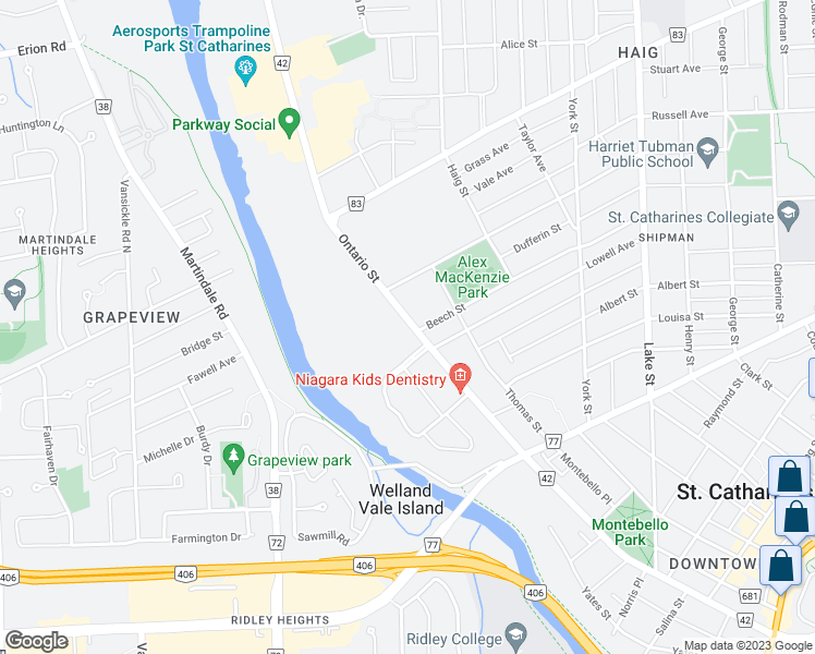 map of restaurants, bars, coffee shops, grocery stores, and more near 249 Ontario Street in St. Catharines