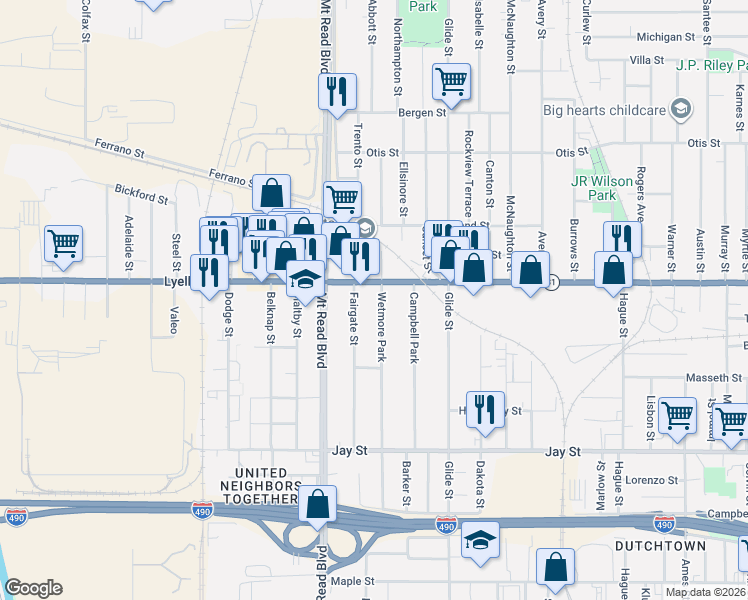 map of restaurants, bars, coffee shops, grocery stores, and more near 222 Fairgate Street in Rochester