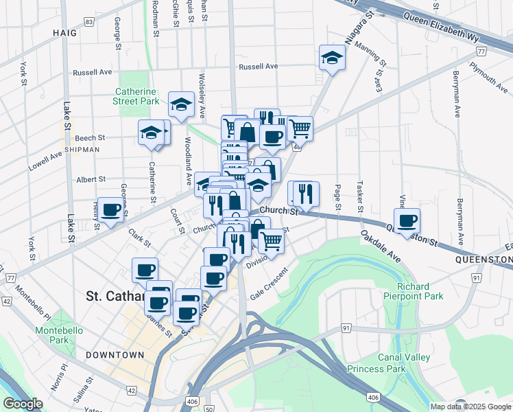 map of restaurants, bars, coffee shops, grocery stores, and more near 179 Church Street in St. Catharines