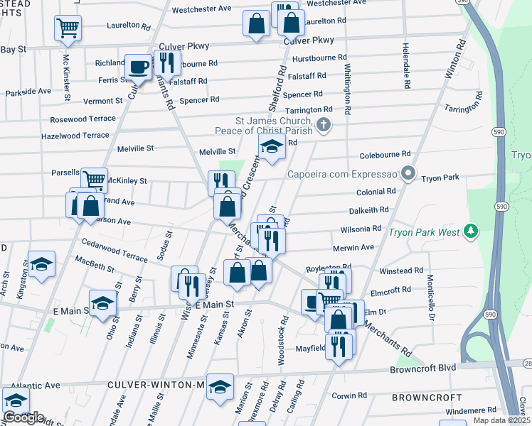 map of restaurants, bars, coffee shops, grocery stores, and more near 69 Presque Street in Rochester
