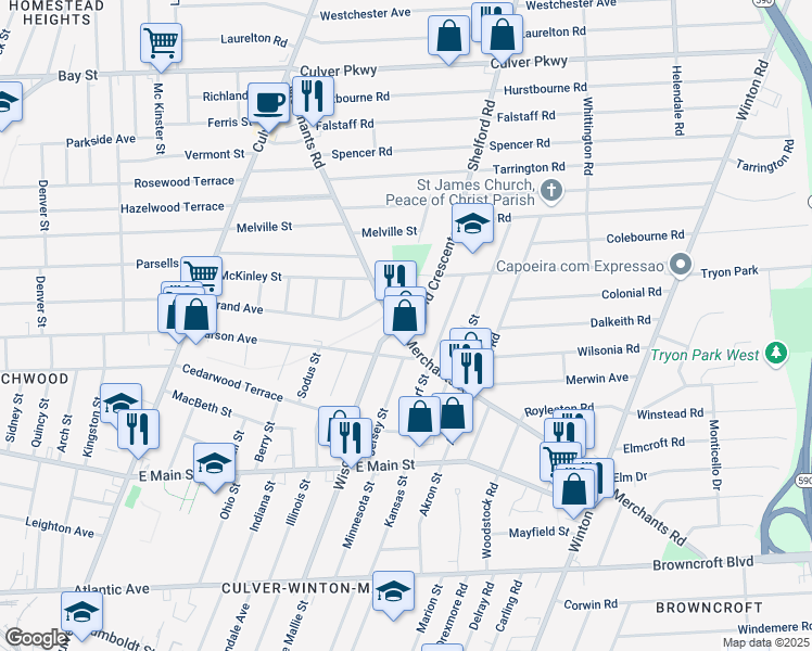 map of restaurants, bars, coffee shops, grocery stores, and more near 559 Merchants Road in Rochester