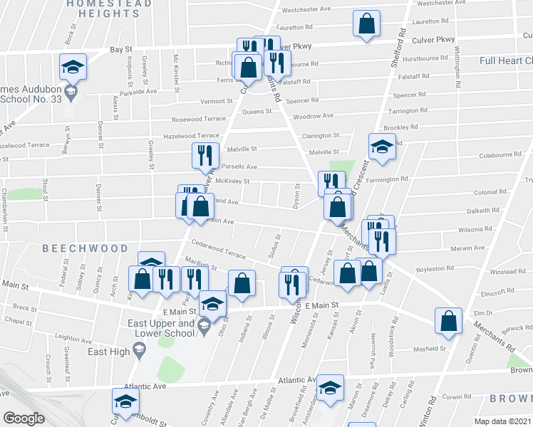 map of restaurants, bars, coffee shops, grocery stores, and more near 795 Grand Avenue in Rochester