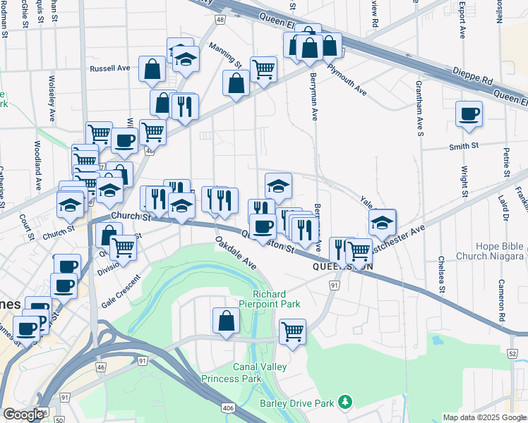 map of restaurants, bars, coffee shops, grocery stores, and more near 25 Vine Street South in St. Catharines