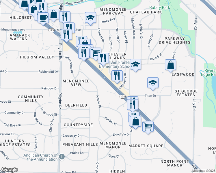 map of restaurants, bars, coffee shops, grocery stores, and more near N80W15039 Appleton Avenue in Menomonee Falls