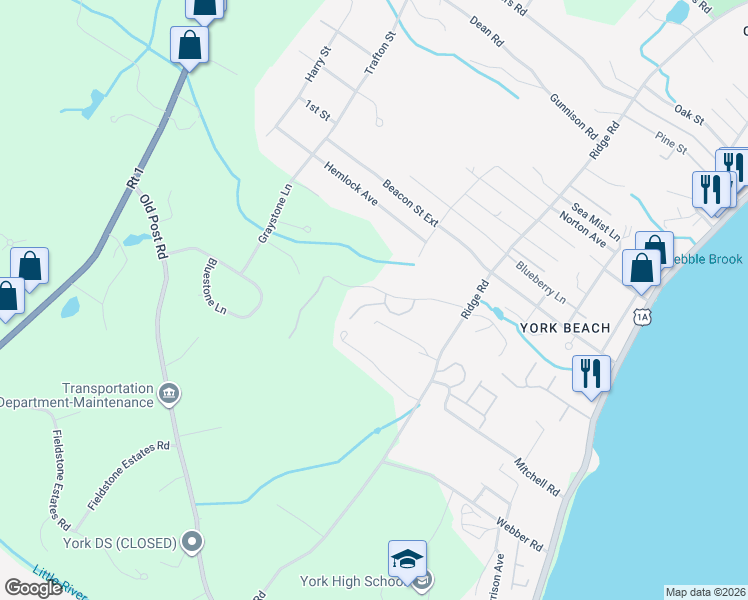map of restaurants, bars, coffee shops, grocery stores, and more near 5 Ruch Lane in York