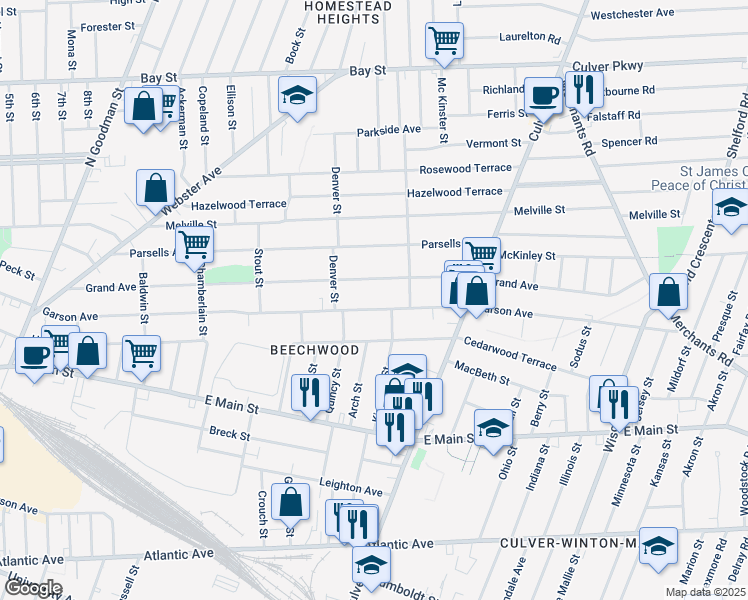 map of restaurants, bars, coffee shops, grocery stores, and more near 704 Garson Avenue in Rochester