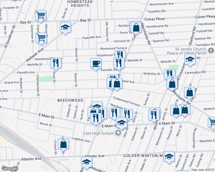 map of restaurants, bars, coffee shops, grocery stores, and more near 810 Garson Avenue in Rochester
