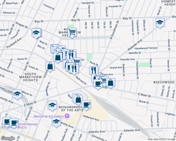 map of restaurants, bars, coffee shops, grocery stores, and more near 101 Garson Avenue in Rochester