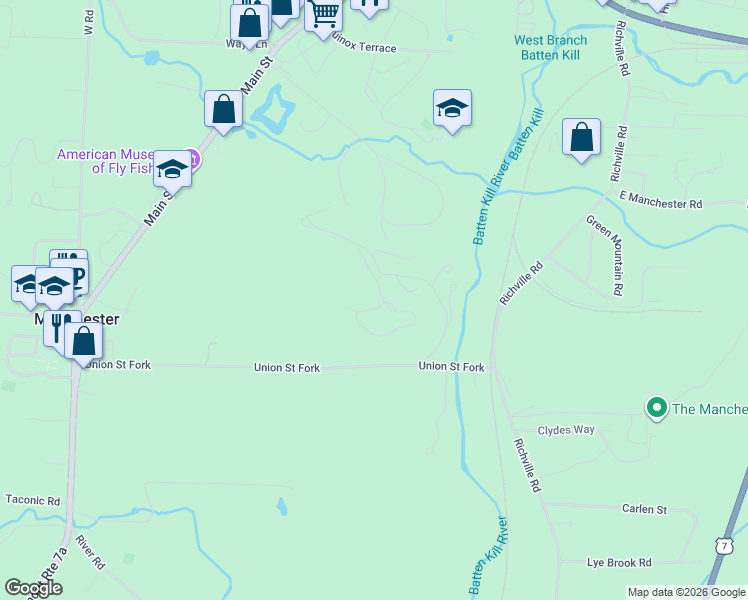 map of restaurants, bars, coffee shops, grocery stores, and more near 396 Equinox on The Battenkill in Manchester