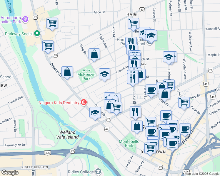 map of restaurants, bars, coffee shops, grocery stores, and more near in St. Catharines