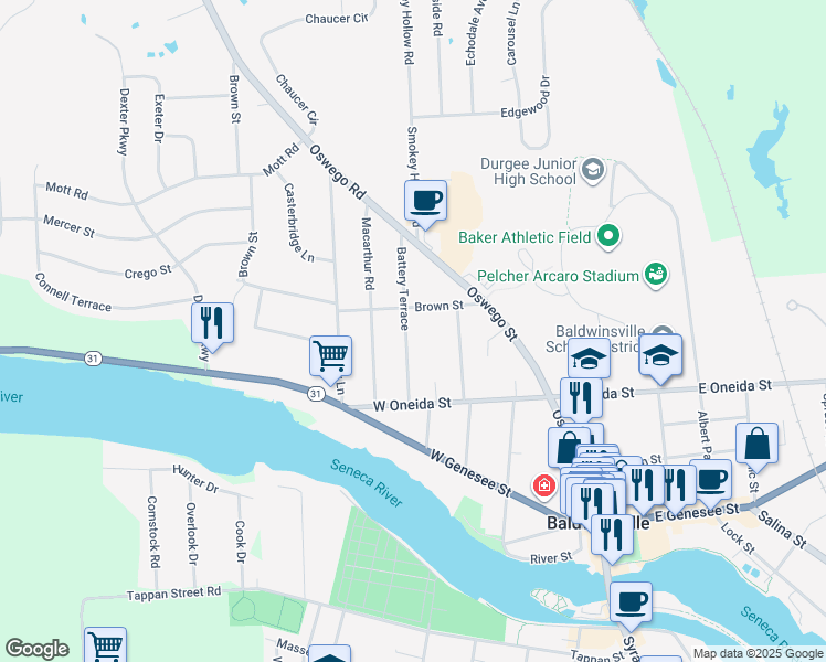 map of restaurants, bars, coffee shops, grocery stores, and more near 22 Battery Terrace in Baldwinsville