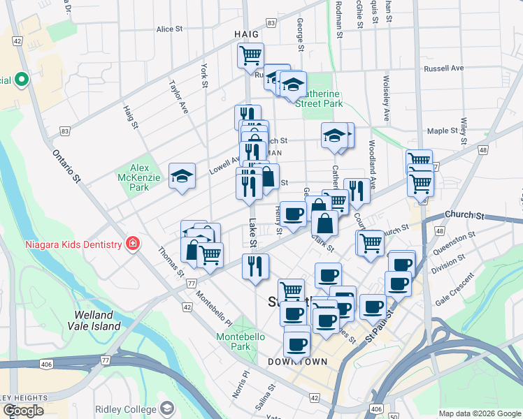 map of restaurants, bars, coffee shops, grocery stores, and more near 86 Louisa Street in St. Catharines