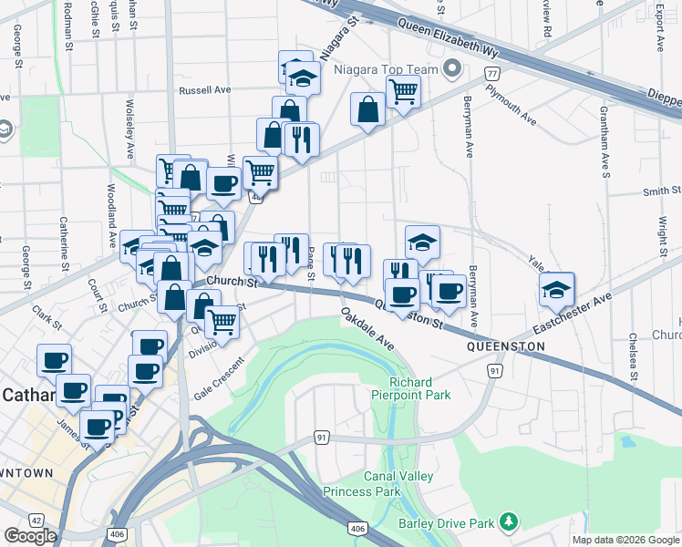 map of restaurants, bars, coffee shops, grocery stores, and more near in St. Catharines