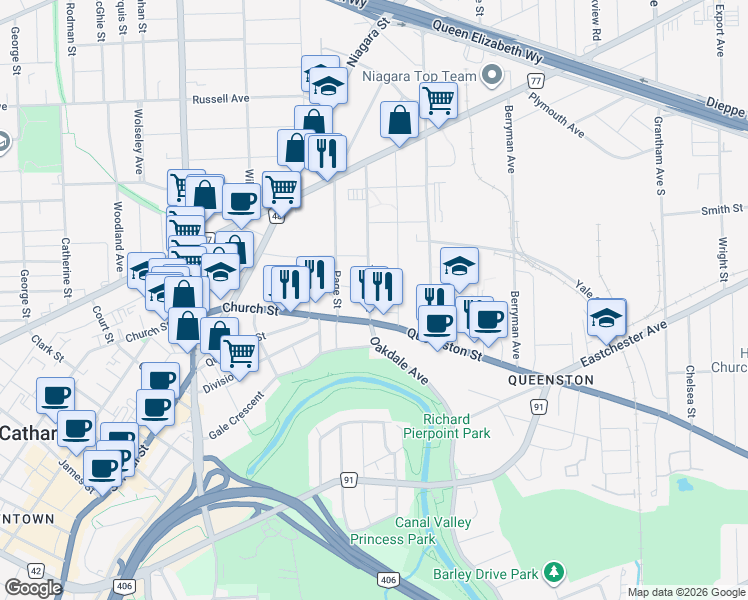 map of restaurants, bars, coffee shops, grocery stores, and more near 8 Tasker Street in St. Catharines