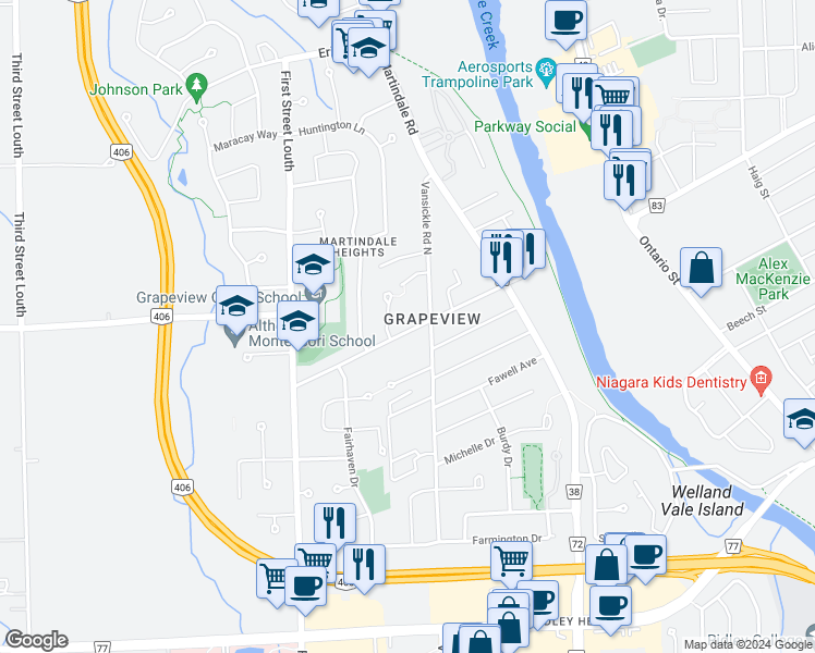 map of restaurants, bars, coffee shops, grocery stores, and more near 44 Grapeview Drive in St. Catharines