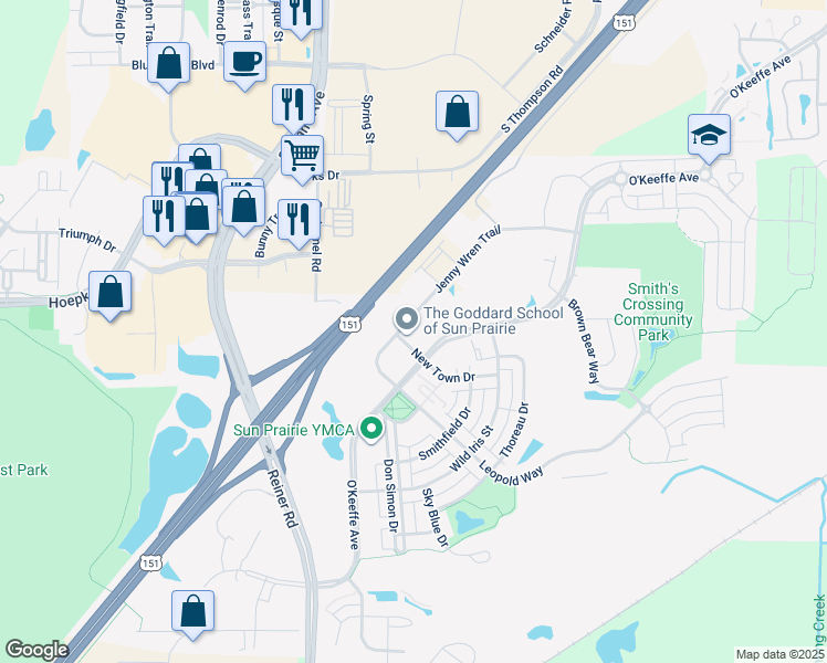 map of restaurants, bars, coffee shops, grocery stores, and more near 1314 O'Keeffe Avenue in Sun Prairie