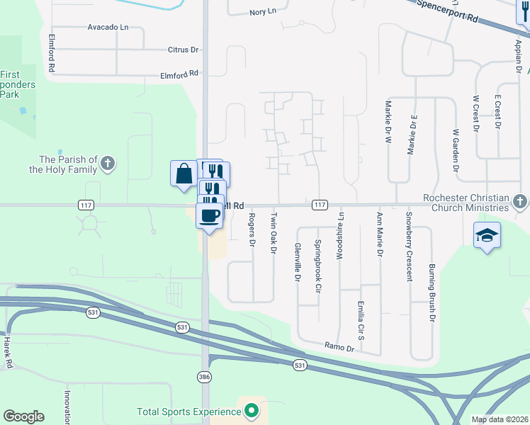 map of restaurants, bars, coffee shops, grocery stores, and more near in Gates-North Gates