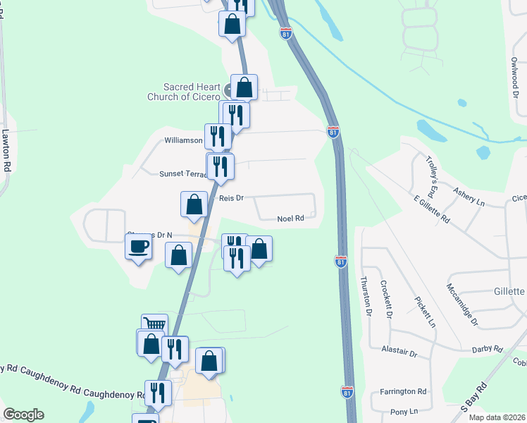 map of restaurants, bars, coffee shops, grocery stores, and more near 5781 Noel Road in Cicero
