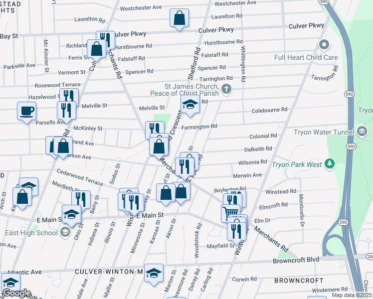map of restaurants, bars, coffee shops, grocery stores, and more near 75 Presque Street in Rochester