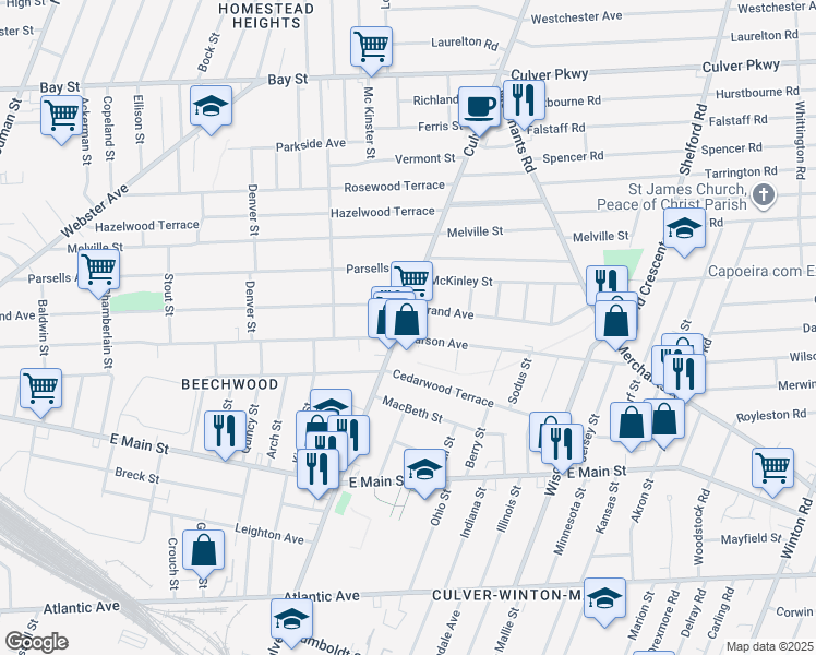map of restaurants, bars, coffee shops, grocery stores, and more near 1040 Culver Road in Rochester