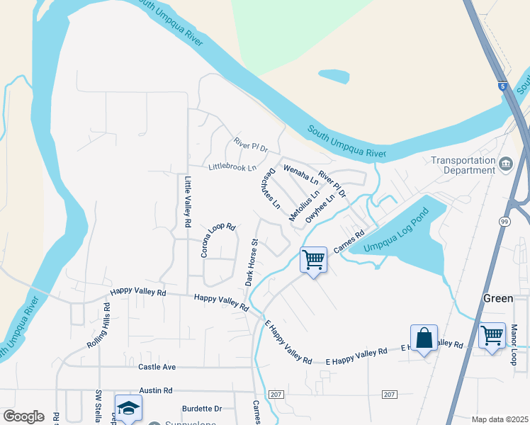 map of restaurants, bars, coffee shops, grocery stores, and more near 364 Monte Drive in Roseburg