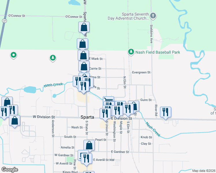 map of restaurants, bars, coffee shops, grocery stores, and more near 196 North Union Street in Sparta