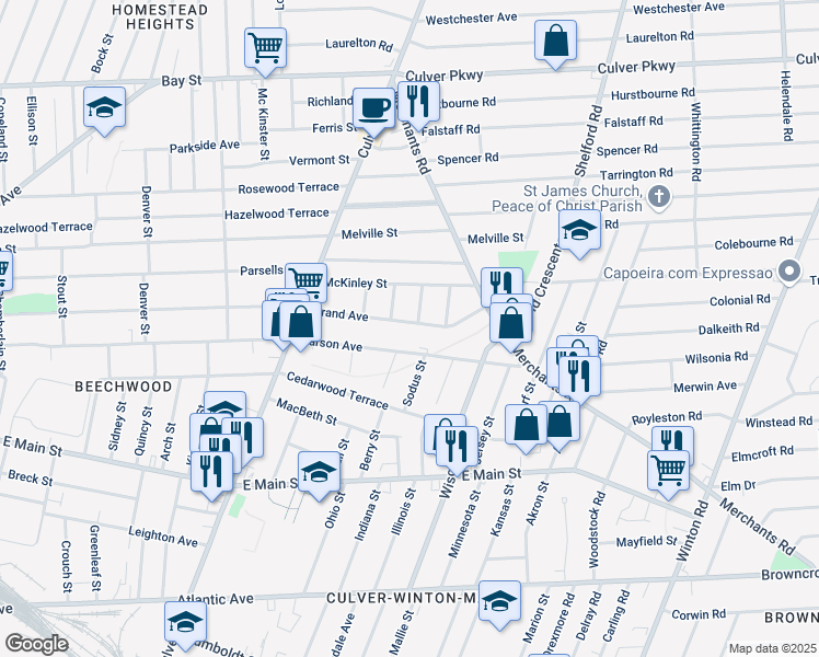 map of restaurants, bars, coffee shops, grocery stores, and more near 795 Grand Avenue in Rochester