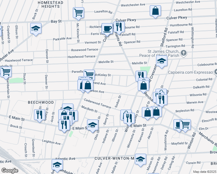 map of restaurants, bars, coffee shops, grocery stores, and more near 966 Garson Avenue in Rochester