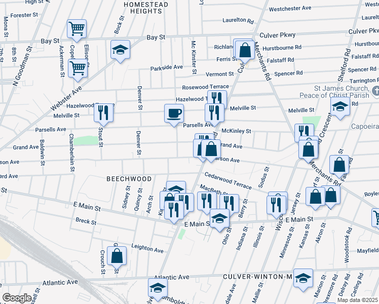 map of restaurants, bars, coffee shops, grocery stores, and more near 810 Garson Avenue in Rochester