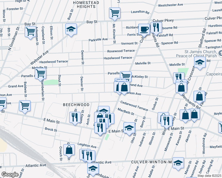 map of restaurants, bars, coffee shops, grocery stores, and more near 810 Garson Avenue in Rochester