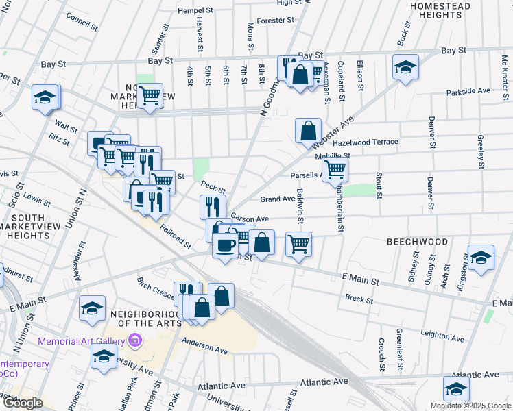 map of restaurants, bars, coffee shops, grocery stores, and more near 274 Garson Avenue in Rochester