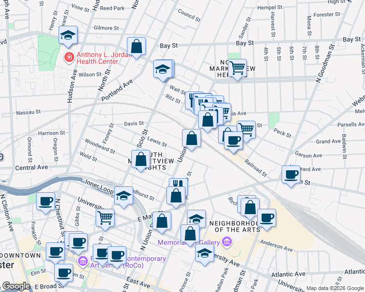 map of restaurants, bars, coffee shops, grocery stores, and more near 239 Union Street North in Rochester