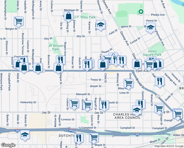 map of restaurants, bars, coffee shops, grocery stores, and more near in Rochester